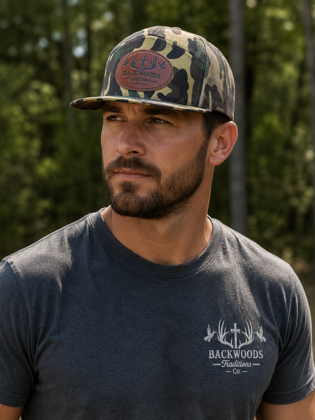 MEN/TEEN 7 PANEL TRUCKER HAT WITH CUSTOM BACKWOODS UV LEATHER PATCH