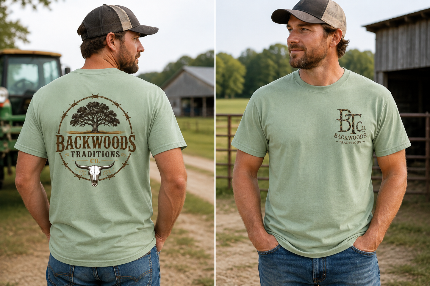 MENS CUSTOM BACKWOODS T SHIRT WITH STEER SKULL AND BARBED WIRE
