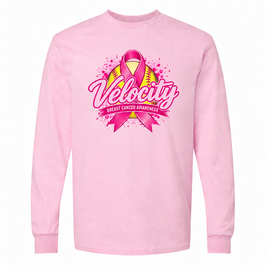 VELOCITY SOFTBALL ADULT/YOUTH LONG SLEEVE BREAST CANCER AWARENESS COTTON T SHIRT