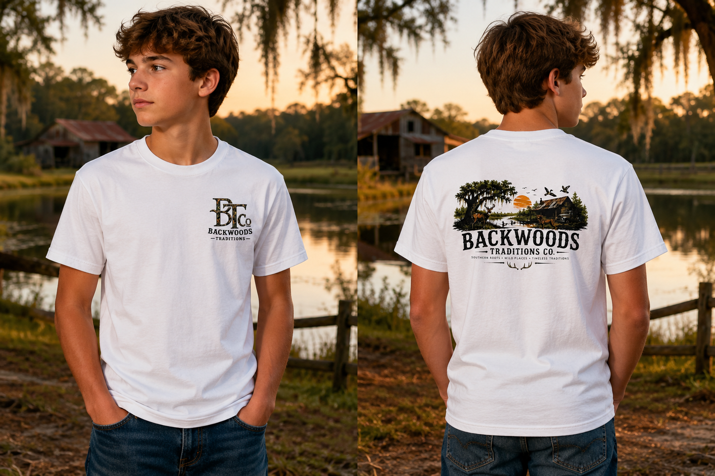 TEEN/YOUTH COTTON T SHIRT WITH OLD BACKWOODS CABIN WITH WILDLIFE